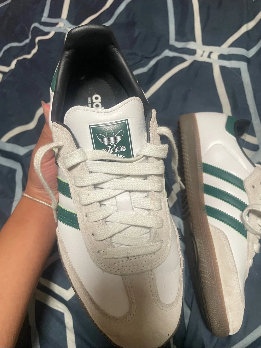 adidas Men’s White Sneakers with Green Stripes and Gum Sole